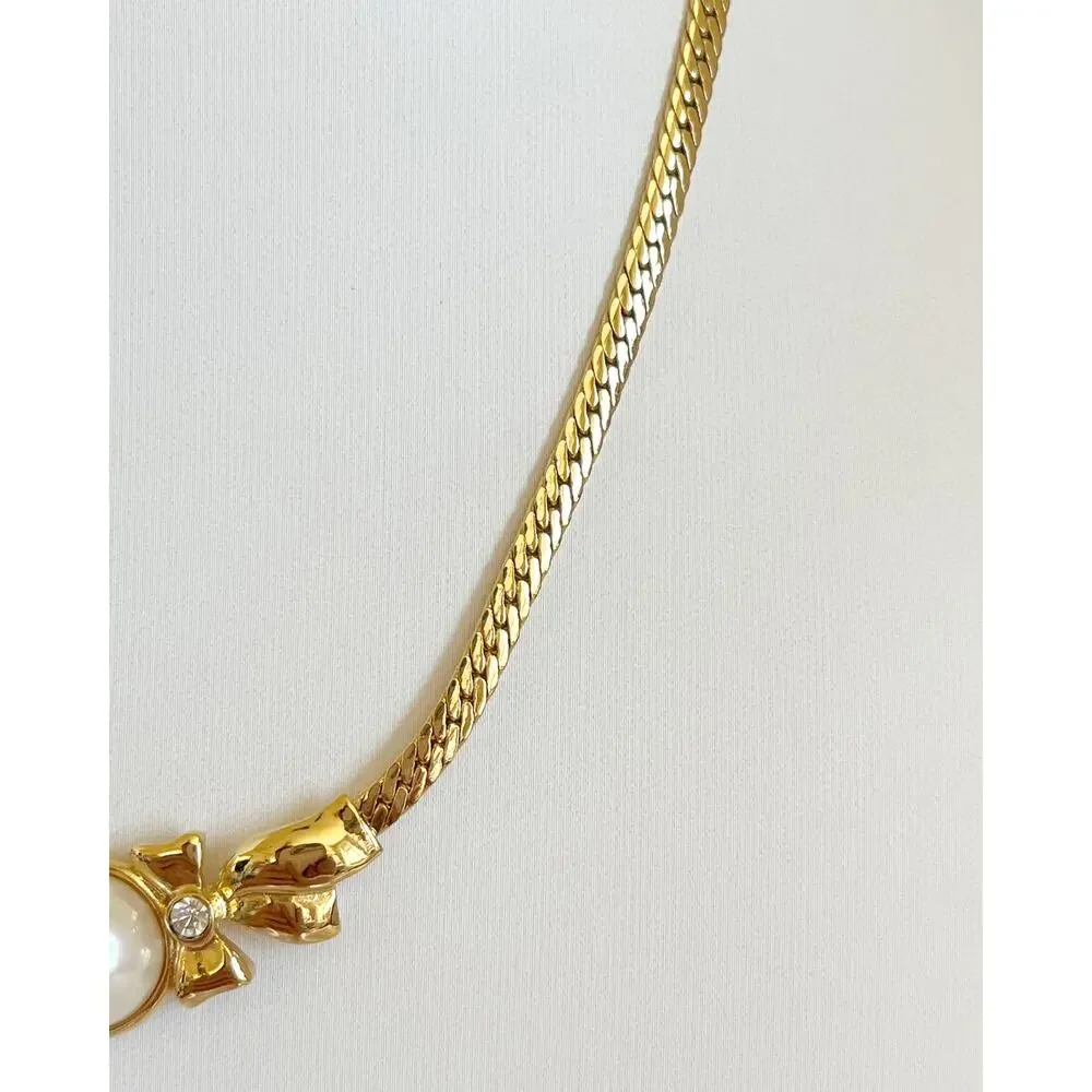 NINA RICCI Vintage Pearl Ribbon Necklace Omega Choker Snake Chain 1980's
